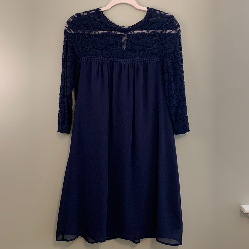 Lily Rose Navy Blue Dress with Lace Sleeves